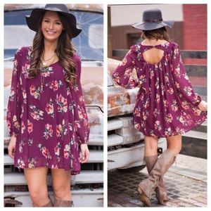 ENTRO Burgundy Boho Floral Print Trapeze Dress Size Small